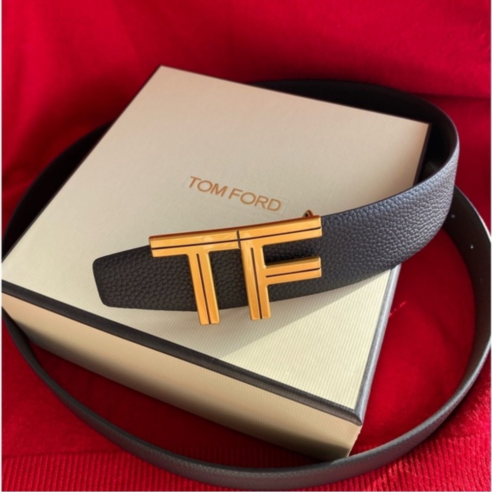 Tom Ford Black Leather Belt with Gold TF Buckle